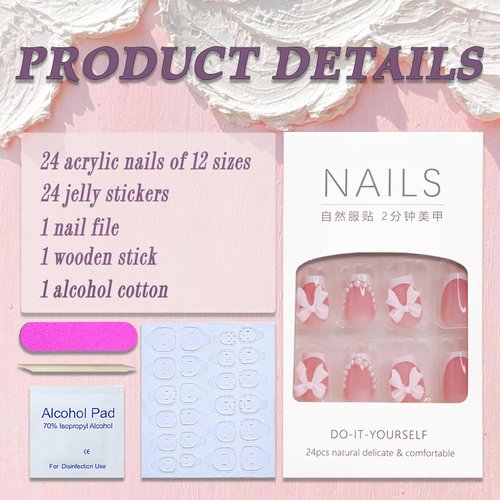 Short Press on Nails Square SWEKKE French Tip Fake Nails Pink Full Cover False Nails with Pink Bow Pearl Charm Designs Glossy Glue on Nails Cute Acrylic Nails Artificial Nails for Women Girls 24Pcs