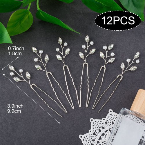 OIIKI 12PCS Crystal Bridal Hair Pins Clips, Wedding U-shape Hairpins, Rhinestones Hair Accessories, Silver Flower Hair Pins for Bride, Bridesmaids, Party, Prom