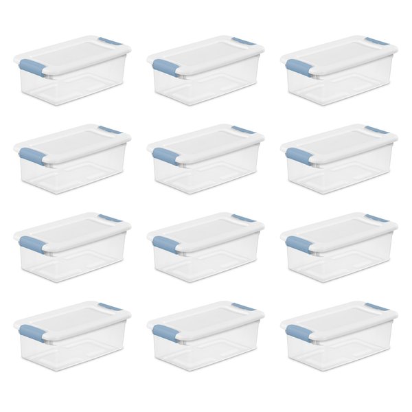 Sterilite 6 Qt Latching Storage Box, Stackable Bin with Latch Lid, Organize Linens, Towels, Clothing in Home Closet, Clear with White Lid, 12-Pack