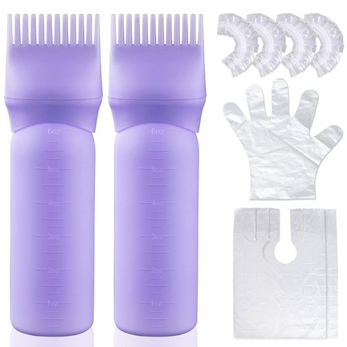 Wowang Hair Oiling Applicator 2 Pack 6 Ounce Leak proof Root Comb Applicator Bottle Oil Applicator for Hair Dye hair oil bottle Hair Root Comb Color with Graduated Scale(Purple)