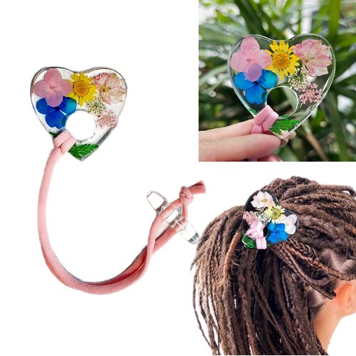 Nutty Natte Handmade knotted Elastic Hair Tie for Dreadlock Crystal Eco Resin Real Flower Ouija Pointer, Embedded Ponytail Holders Loc Hair Accessories for Women Men Thick Hair (Pink)