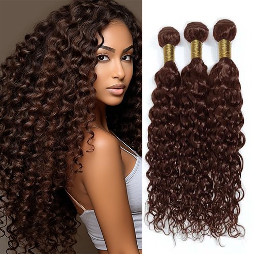 Loose Dark Brown Deep Water Wave Bundles #4 Human Hair Bundles Light Brown Water Curly Bundles Double Weft Brazilian Remy Hair Extensions Wet and Wavy Bundles Silky Soft (20 22 24 Inch)