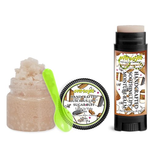 Livin' la Vida Latte Soothing & Luscious Lips by OverSoyed Exfoliator & Chapped Lip Repair Lip Care Combo | Artisan Handcrafted to Order Roasted Espresso Sugary Maple Sweet Cream Flavored Exfoliating Sugar Lip Scrub & Lip Moisturizer Balm Gift Set