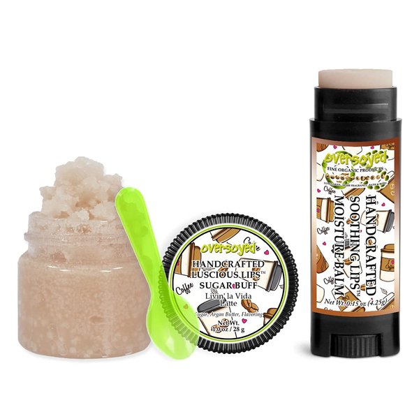 Livin' la Vida Latte Soothing & Luscious Lips by OverSoyed Exfoliator & Chapped Lip Repair Lip Care Combo | Artisan Handcrafted to Order Roasted Espresso Sugary Maple Sweet Cream Flavored Exfoliating Sugar Lip Scrub & Lip Moisturizer Balm Gift Set