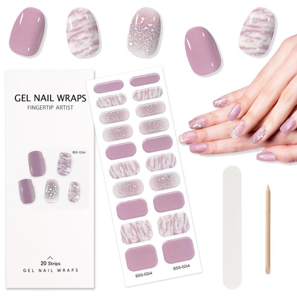TOROKOM Cured Gel Nail Strips, 20PCS Self-Adhesive Nail Strips Full Nail Wraps Strips, Purple Aura Nail Gel Nail Strips with Nail File, Wooden Stick & Sealing for Women DIY Manicure Decorations