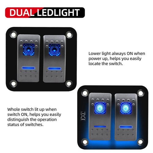 FXC Rocker Switch Aluminum Panel 2 Gang Toggle Switches Dash 5 Pin ON/Off 2 LED Backlit for Boat Car Marine Blue