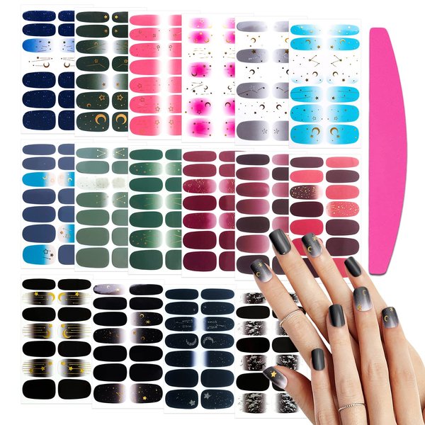 SILPECWEE 16 Sheets Nail Wraps for Women Gradient Star Moon Nail Polish Strips Gel Nail Strips Fingernail Stickers Self Adhesive Nail Polish Stickers for Kids Girl Stick on Nails with 1pc Nail File