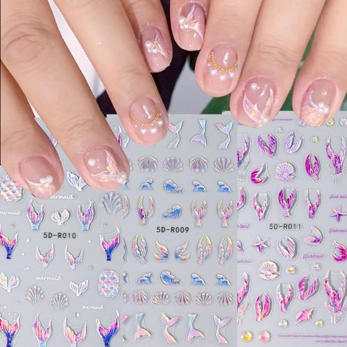 5D Blue Mermaid Relief Nail Stickers Back Glue Embossed Mermaid Tail Nail Art Stickers Self Adhesive Shellfish Jellyfish Dreamy Ocean Animal World Design Nail Decals Accessories for Women’s 3pcs