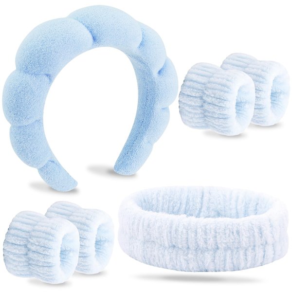 VELSCRUN 6 Pcs Blue Bubble Puffy Sponge Spa Headband Wristband Set, Spa Headbands for Wash Face, Makeup Headband, Facial Skincare Headbands Women Girls Sleepover Party Supplies Hair Accessories