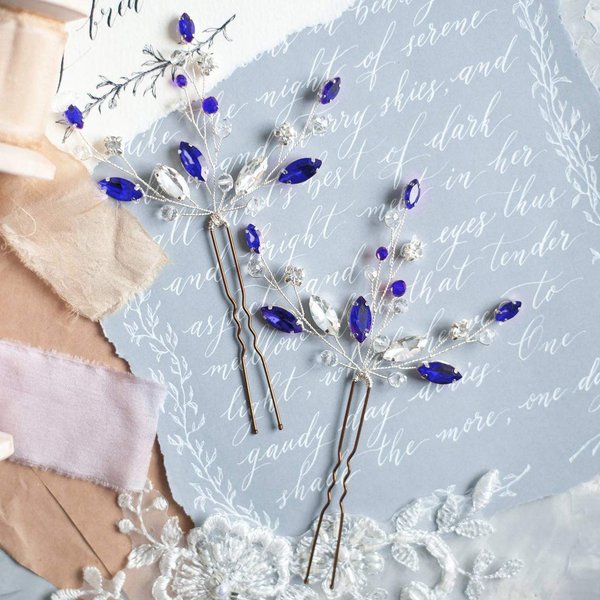 Kercisbeauty (Set of 2) Handmade Bridal Bridesmaids Flower Girl Pink Champagne Rose Gold Pearl Beads Hair Pins Headpiece for Wedding and Party (Silver) (Blue)