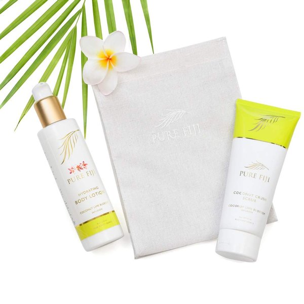 PURE FIJI Bath Gift Set Hydrate & Polish Kit - Spa Gift Sets For Women and Men Include - Coconut Body Scrub and Hydrate Body Lotion for Dry Skin - Spa Gift Sets For Women, Scent Coconut Lime Blossom