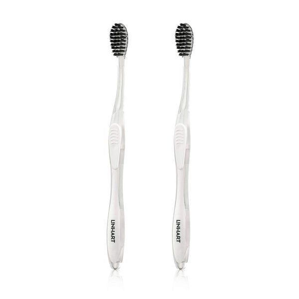 LINHART Extra Soft Toothbrush – Teeth Whitening Toothbrush with Multi Length Bristles, White with Black Bristles, 2 Pack