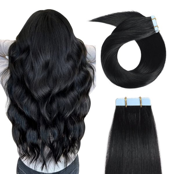 YILITE Tape in Human Hair Extensions 22 inches 20pcs 50g Silky Straight Human Hair Extensions Tape in Jet Black Color Tape in Hair Extensions