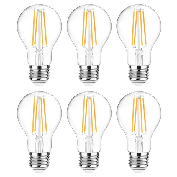 Ascher 60 Watt Equivalent, E26 LED Filament Light Bulbs, Warm White 2700K, Non-Dimmable, Classic Clear Glass, A19 LED Light Bulb with 80+ CRI, 6-Pack