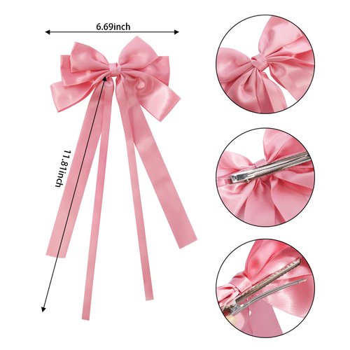 Hair Bows for Women 3 PCS, Upgrade Bows for Girls Ribbon Hair Bows With Long Tail Hair Bow Clips Hair Barrettes for Women Accessories(White,Wine Red,Pink)