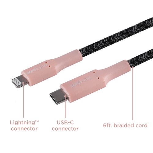 Cordinate USB-C to Lightning Cable, 6 Ft, Braided Cord, Fast Charge, Compatible with iPhone 13/12/11/Pro/Pro Max/Mini, iPad Pro, AirPod Pro, Blush/Charcoal, 58650