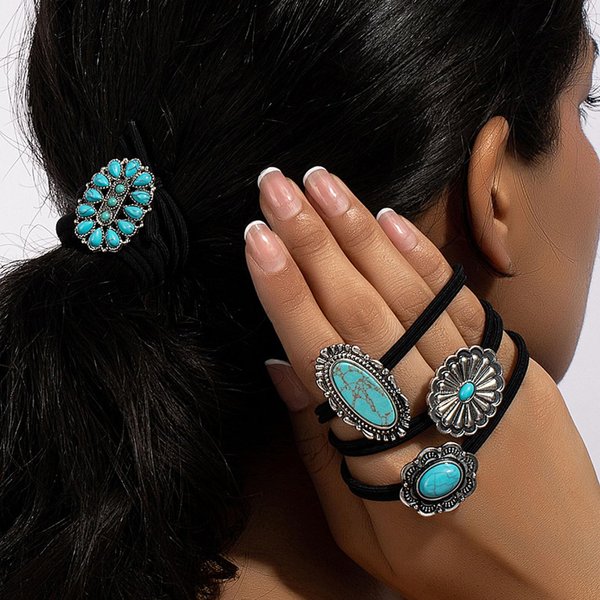 KOVOLITU Western Turquoise Decorative Hair Ties for Women Girls Bohemian Hair Ties Ponytail Holders Elastics Hair band Concho Squash Blossom Western cowgirl accessory(4 Pcs)