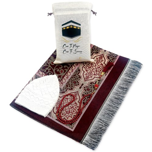 ESERRA Muslim Prayer Rug, 99 Prayer Beads and Prayer Cap Included, Prayer Mats Muslim for Praying Men, Women, and Kids, Prayer Set, Prayer Rugs Islam (Red)
