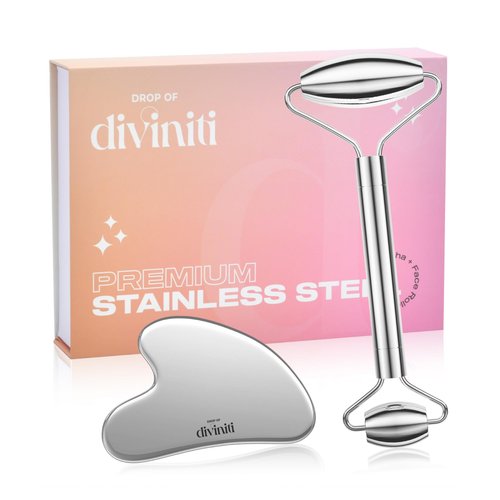 Stainless Steel Face Roller - Premium Gua Sha Facial Tools Stainless Steel GuaSha Tool and Face Roller Set - Gua Sha Stainless Steel Gua Sha Tool - Metal Face Roller and Gua Shua Set - Spa Gifts
