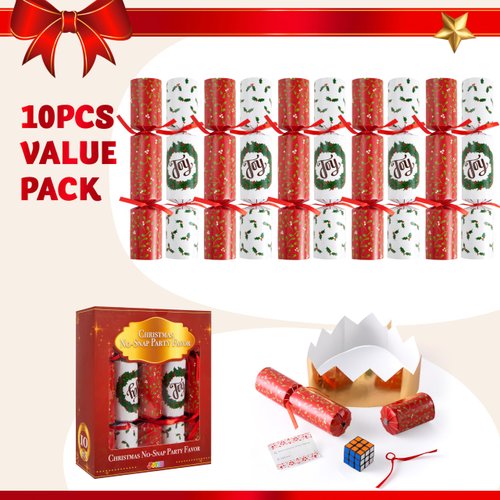 JOYIN 10 Pack Christmas No Snap Party Table Favor with Classic Christmas Design, with Party Hat, Joke & Little Gift Inside, for Xmas Gift, Christmas Seasonal Holiday Dinner Traditions