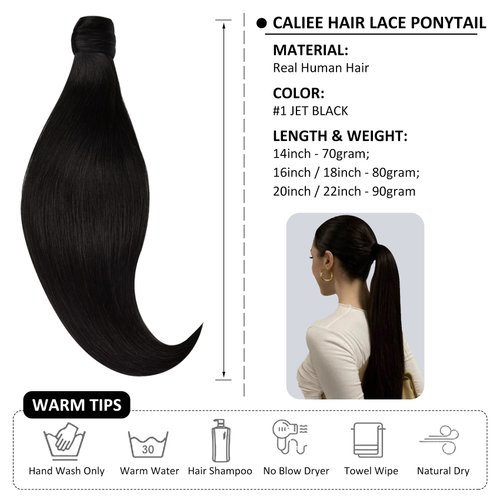 Caliee Clip on Ponytail Hair Extension 100% Remy Human Hair Color 1 Jet Black Wrap Around Ponytail Virgin Long Straight Pony Tail Hairpiece with Magic Paste 22Inch 90G