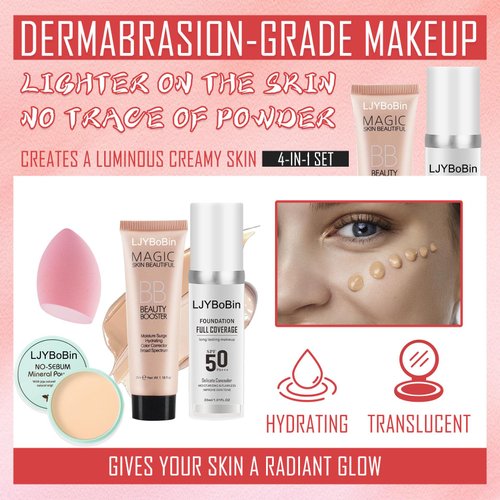 4PCS Full Coverage Foundation Set,Waterproof Long Lasting Moisturizing Color Changing Foundation,Hydrating BB Cream,Translucent Matte Loose Setting Powder Face Base Makeup Set with Makeup Sponge