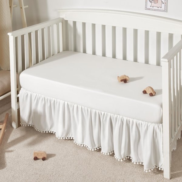 TILLYOU Ruffled Crib Skirt with Pompoms, Microfiber Nursery Crib Toddler Bedding Skirts for Baby Boys Girls, 14'' Drop, White