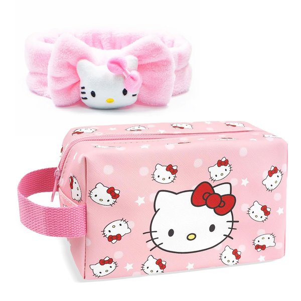 Toiletry Bag & Spa Headband, Cute PU Leather Ttravel Makeup Bag, Soft Makeup Headband for Washing Face, Gifts for Women Girls