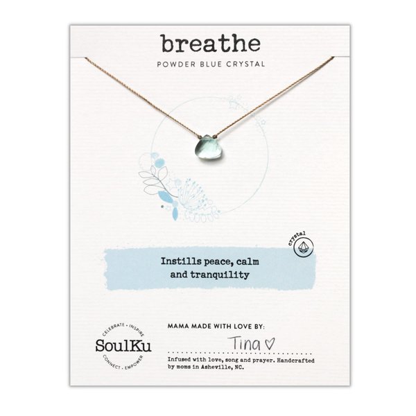 SoulKu Soul Shine Handmade Necklace, Empowering Jewelry With Healing Crystal, Inspirational Jewelry For Women, Mom & Sister, 2"" Extender With Lobster Clasp, 16"" Nylon Cord (Powder Blue, Breathe)