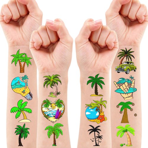 101 PCS Palm Tree Leaves Temporary Tattoos Birthday Party Decorations Supplies Favors Luau Hawaiian Themed Tropical Summer Palm Coconut Tree Beach Pool Decor Stickers Gift School Prizes Rewards