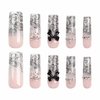 BABALAL Long Square Press on Nails Black Goth French Tip Fake Nails 3D Bow Cross Skull Charm Glue on Nails Rhinestone Shiny Acrylic Nails Y2k Lace Manicure Design False Nails for Women and Girls