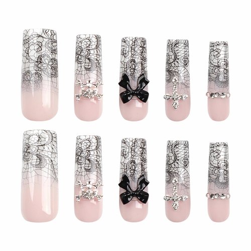 BABALAL Long Square Press on Nails Black Goth French Tip Fake Nails 3D Bow Cross Skull Charm Glue on Nails Rhinestone Shiny Acrylic Nails Y2k Lace Manicure Design False Nails for Women and Girls