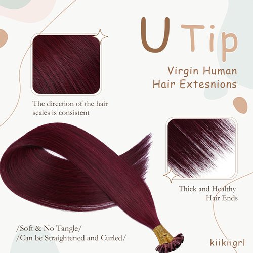 KiiKiiGirl Virgin U Tip Hair Extensions -U Tip Hair Extensions Human 99# U Tip Hair Extensions Human Hair, U Tip Hair Extensions Real Human Hair,U Tip Extensions Human 14 Inch 30g/pack