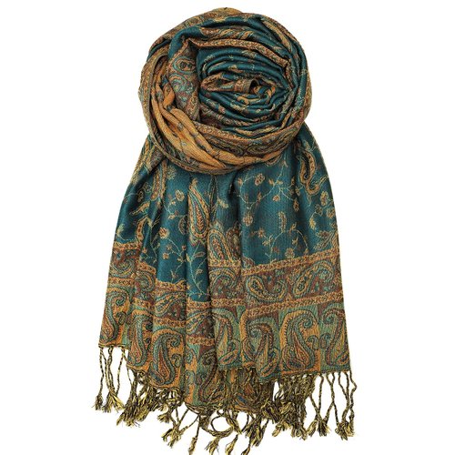 Achillea Soft Silky Reversible Paisley Pashmina Shawl Wrap Scarf w/Fringes (Dark Seagreen)