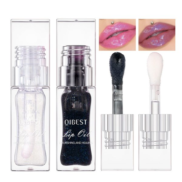 Magic Color Changing Moisturizing Lip Glow Oil, 2024 New (Black+Transparent) Glitter Color Changing Lip Oil, Warm Change Moisturizing Lip Gloss, Non-sticky Long Lasting Nourishing Lip Care