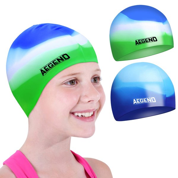 Aegend Kids Swim Cap (Age 4-8), 2 Pack, Blue & Green