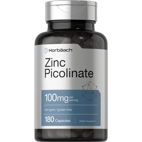 Horbäach Zinc Picolinate 100mg | 180 Capsules | High Potency | Non-GMO, Gluten Free | Zinc Supplement
