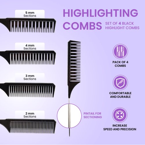 Highlighting Combs - Set of 4 Black Highlight Combs - Foiling Combs for Highlighting - Pin Tail Comb for Precise Sectioning - Weaving Combs for Highlighting - Salon Combs Pack