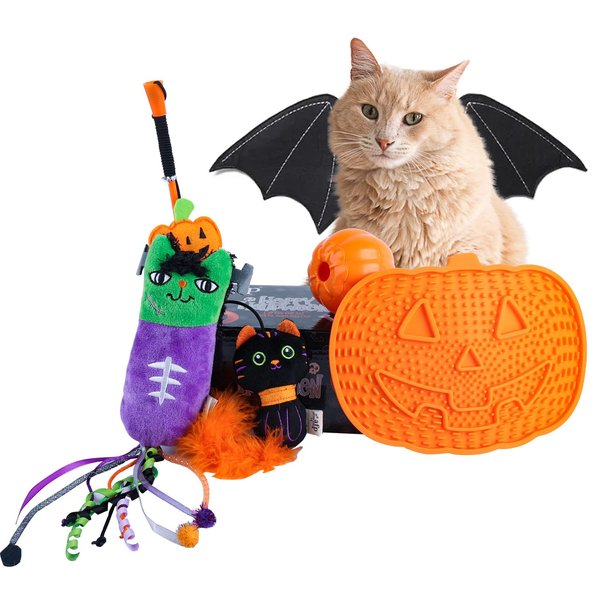 ALL FOR PAWS Halloween Cat Toy Gift Set 4 in 1 Kitten Toys Includes a Cat Wand, a Cat Treat Dispenser, A Lick Mat and A Kicker Toy, Halloween Decorations for Indoor Cats