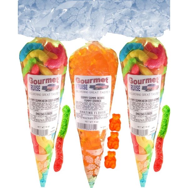 Gummy Worms (2) Neon Sour Worms (1) Energy Orange Gummi Bears (NET WT 31 OZ) Gourmet Kruise Signature Gift Bags
