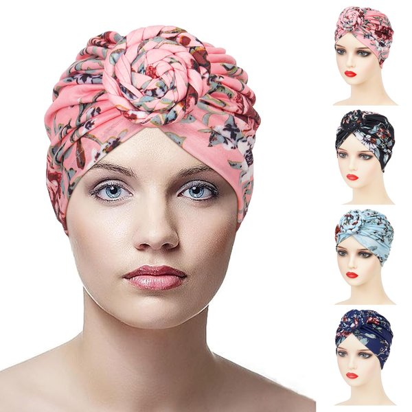 FADACHY Turbans for Women, 4 Pieces African Head Wraps Pre Tied,Soft Stretch Cotton Chemo Headwear Cancer Head Coverings Hats