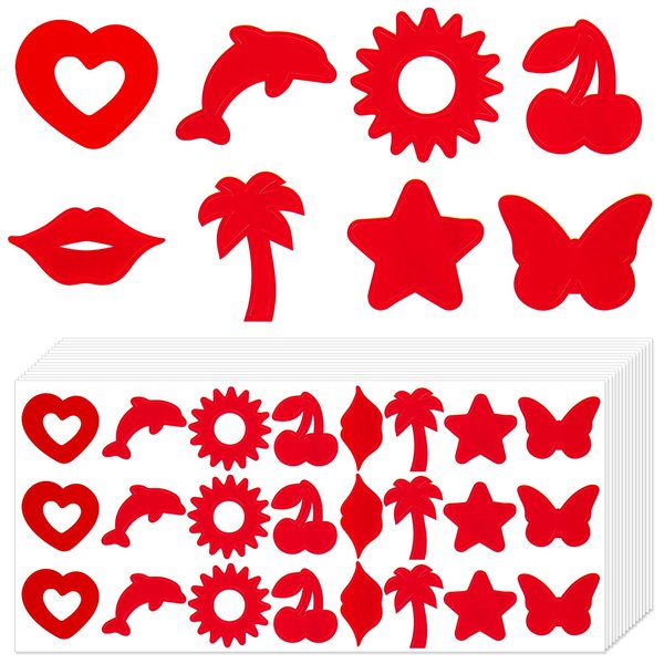 360pcs Tanning Stickers, 8 Styles Sunbathing Sticker Self Adhesive Heart Star Lips Butterfly Cherry Coconut Dolphin Sun Tan Body Tattoo Stickers Decals for Summer Beach Accessories (Red)