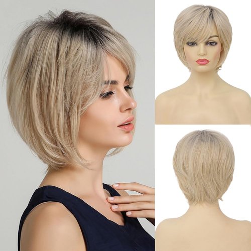 Tseses Short Blonde Wigs with Bangs for Women Natural Layered Fluffy Daily Synthetic Hair Wig(Blonde and Dark Roots)