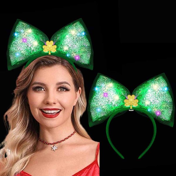 LUDRESS St. Patrick's Day Light up Headband LED Bow Hair Hoops st patty Green Luminous headbands Shamrock Glowing Hair Accessories for Party Favors Women and Girls(Light up)