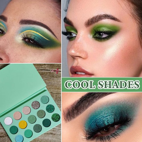WENJLYJ 15 Color Green Eyeshadow Palette,Highly Pigmented Green Eyeshadow Matte Shimmer Makeup Pallete,Long Wear Waterproof Eye Shadow Pallete Glitter Eyeshadow Pallets for Women