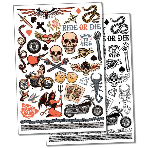 Biker Skulls Motorcycle Club Temporary Tattoo Water Resistant Fake Body Art Set Collection - Black (One Sheet)