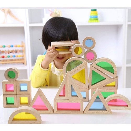 Agirlgle Wood Building Blocks Set for Kids 24 Pcs Rainbow Stacker Stacking Game Construction Toys Set Preschool Colorful Learning Educational Toys - Geometry Wooden Blocks for Boys & Girls