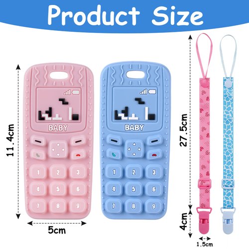 Aolso 2PCS Baby Teether Toys, Silicone Baby Teething Toys Phone Shape with 2PCS Pacifier Clip, Soft Teething Toys for Toddlers,Boys Girls Baby Chew Toys, Relief Baby Teething, Gum Discomfort