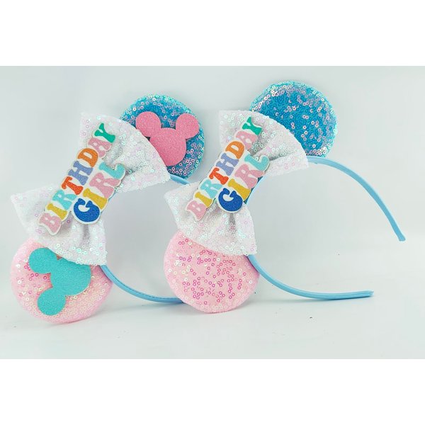 WW-WONDERFULWORLD Birthday Girl Mouse Ears Headbands With Shiny Sequins Diamond Decoration, for Costume Cosplay Glitter Party, for Kids & Adult, Pink+Blue; BR-6