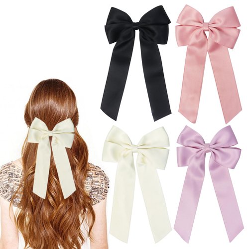 4 Pack Hair Bows Hair Clips Satin Bows for Hair, Pink Hair Ribbon Clips Hair Accessories for Girls and Women(4 Colors)